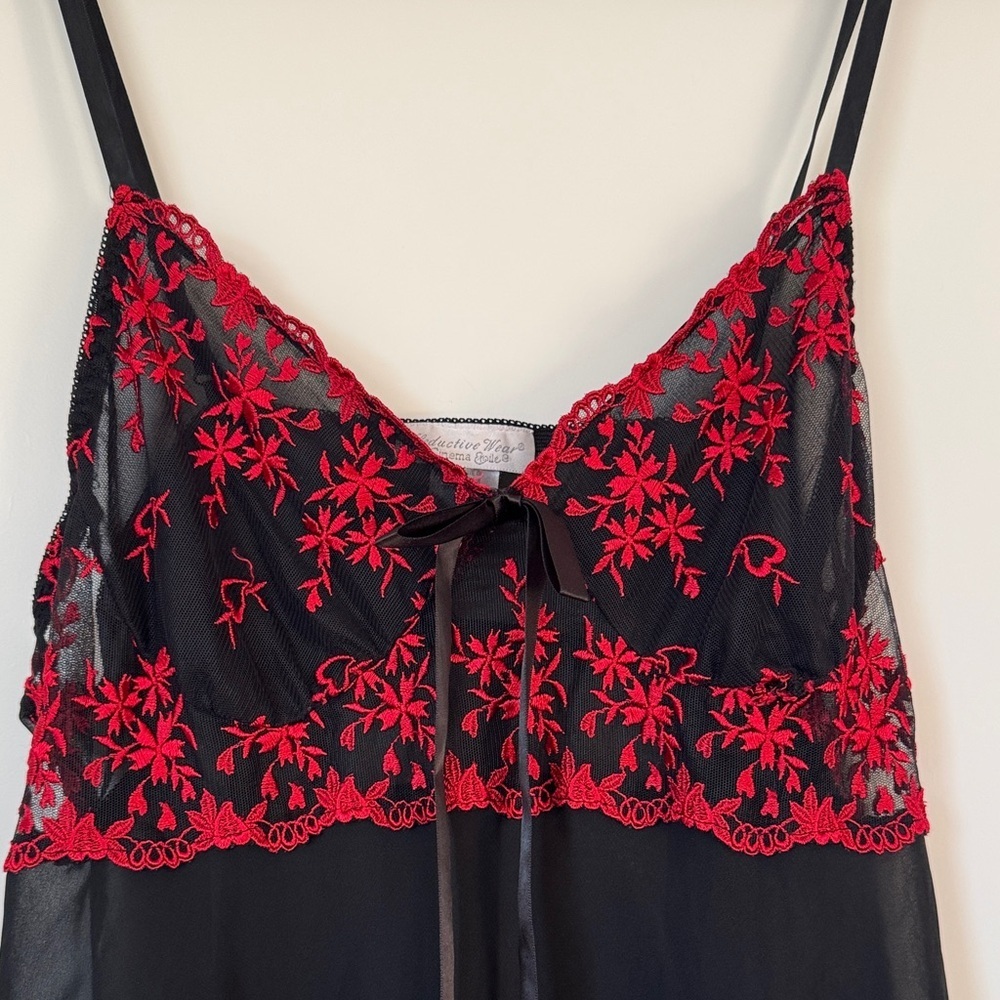 Black Chiffon Slip with Red Lace and Bow Detail